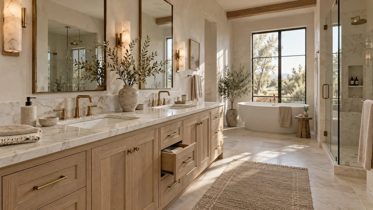 Warm white oak double vanity with honed stone, brass fixtures, and layered natural light in a luxurious American primary bathroom.