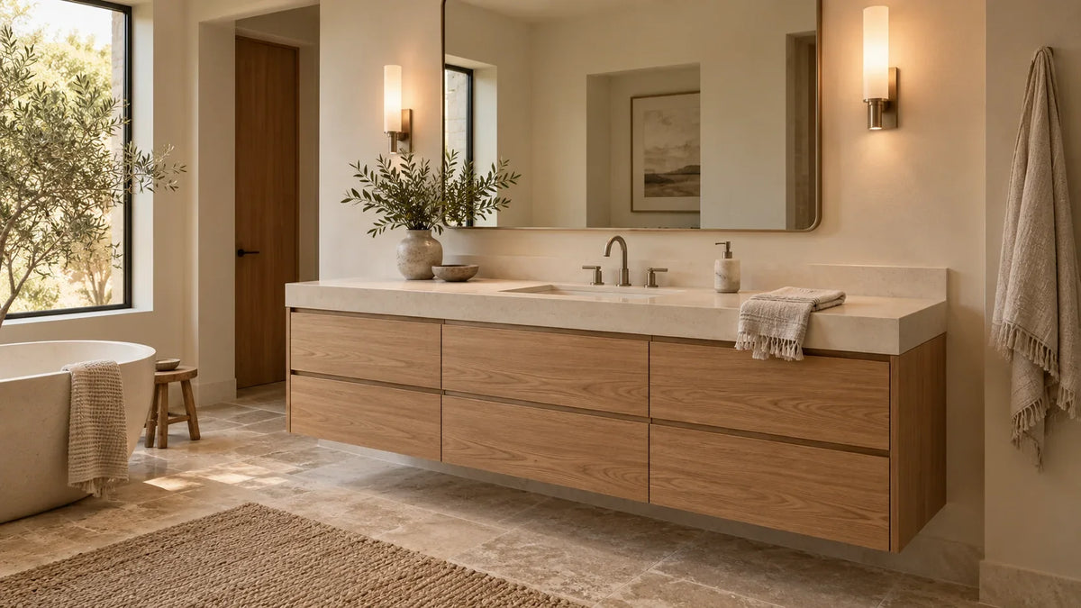 Warm primary bathroom with a white oak floating vanity, integrated sink, limestone floor, and balanced wall-mounted proportions.