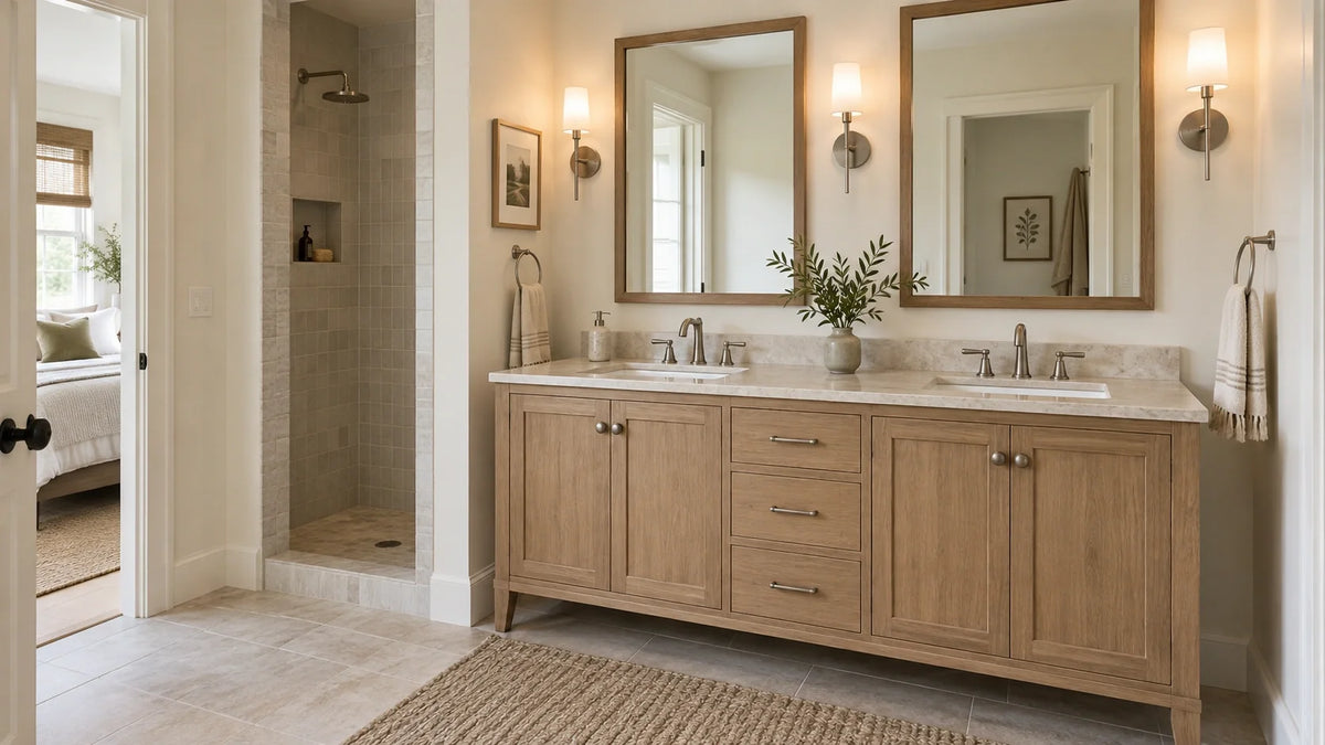 Small primary bathroom with a well-scaled 60-inch white oak double vanity, open circulation space and soft natural light.