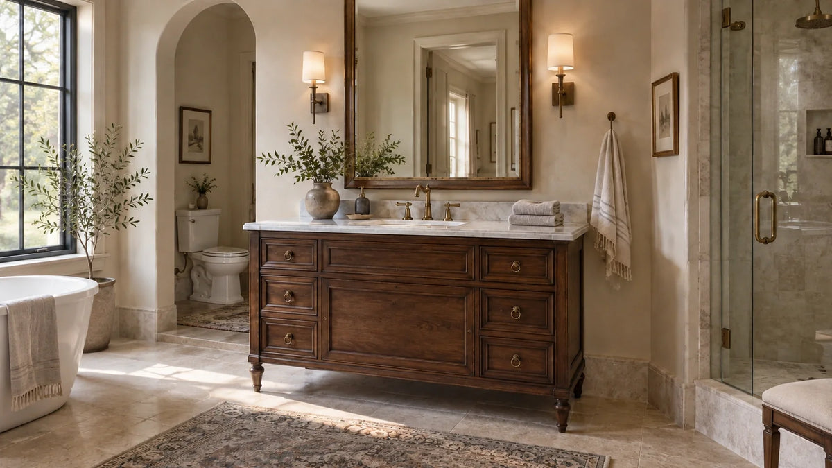 Brand-new antique-inspired walnut bathroom vanity with Carrara marble, brass fittings and warm natural light.