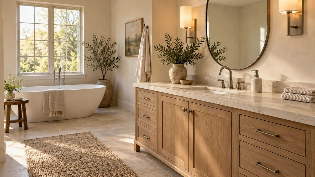 Sunlit bathroom with a light wood vanity, pale veined countertop, undermount sink, oval mirror and freestanding tub.