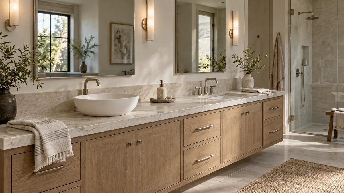 A photo of a refined modern primary bathroom showing a long white oak vanity with two sink styles