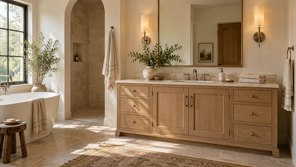 Natural wood bathroom vanity in a warm primary bath with honed stone, brushed nickel fixtures and soft daylight