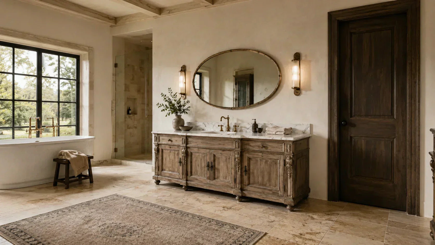 Antique-style double bathroom vanity with a marble countertop, oval brass mirror, fluted sconces, freestanding tub, and warm stone flooring.