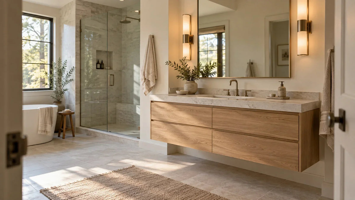 Floating white oak bathroom vanity with exposed tile floor, pale stone counter, brushed nickel fixtures, and soft natural light in a modern bathroom.