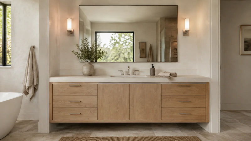 Modern bathroom with white oak vanity, honed stone top, brushed nickel fixtures, and softly styled everyday details