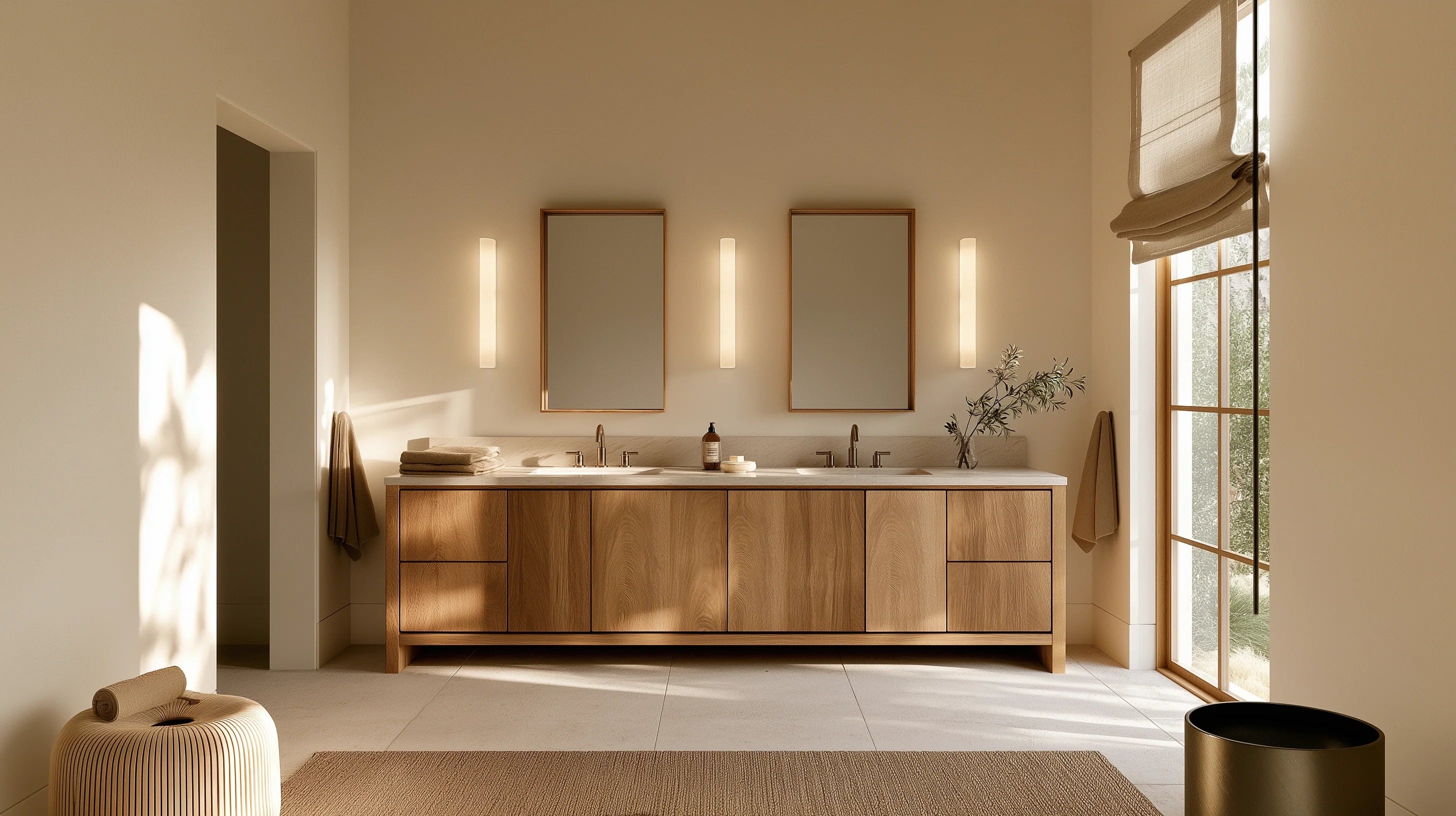 Primary bathroom with a white oak double vanity, two sinks, pale stone, and comfortable open circulation