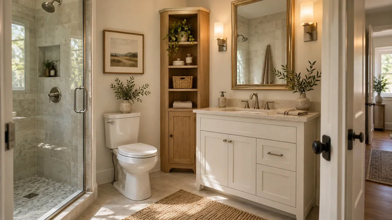 Small bathroom with a slim white oak corner cabinet, compact vanity, and an open, well-balanced layout.