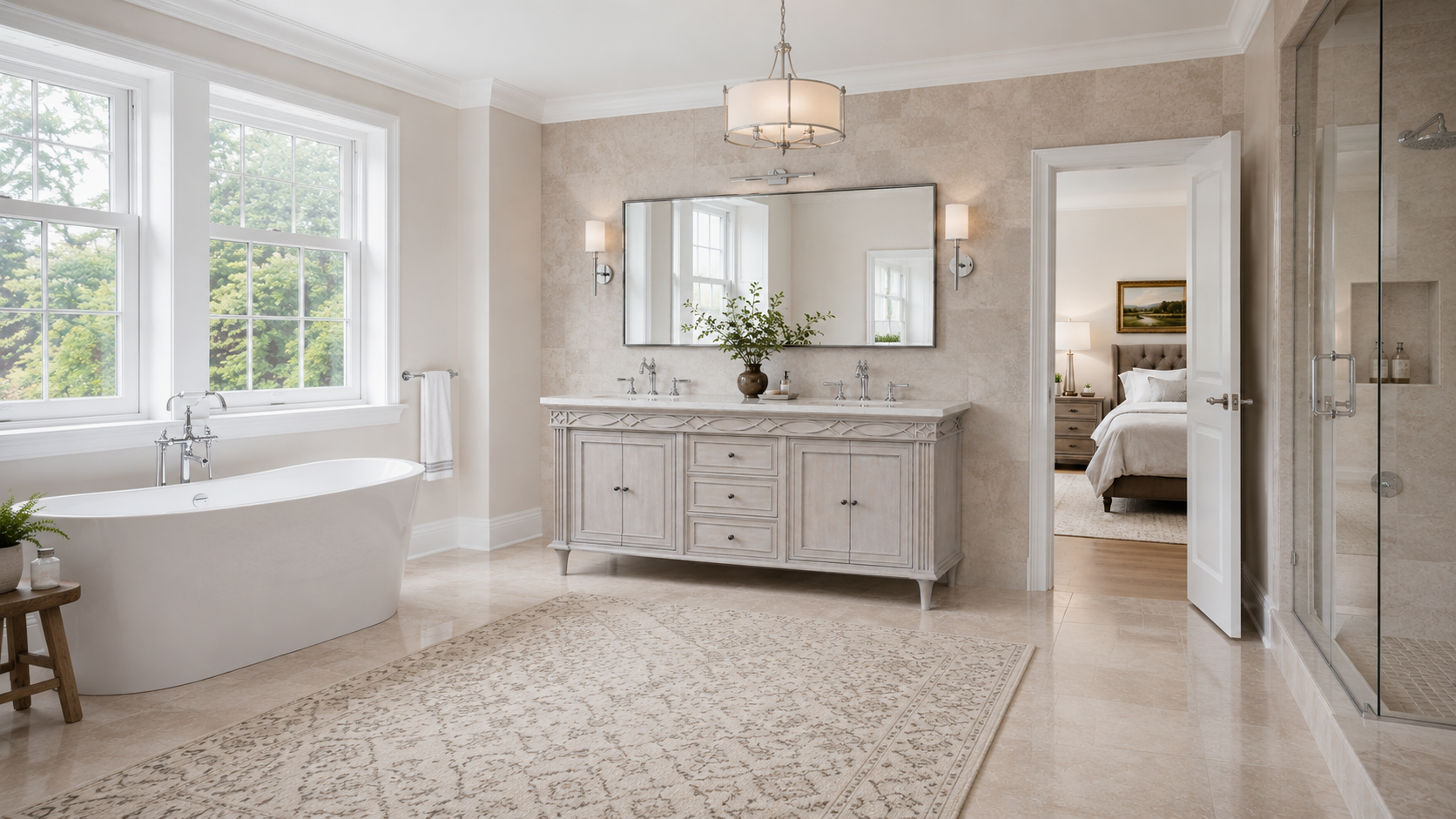 Luxury primary bathroom with white oak vanities, stone counters, and balanced natural light showing bathroom vanity sizing in an editorial setting