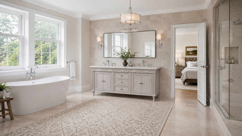 Luxury primary bathroom with white oak vanities, stone counters, and balanced natural light showing bathroom vanity sizing in an editorial setting