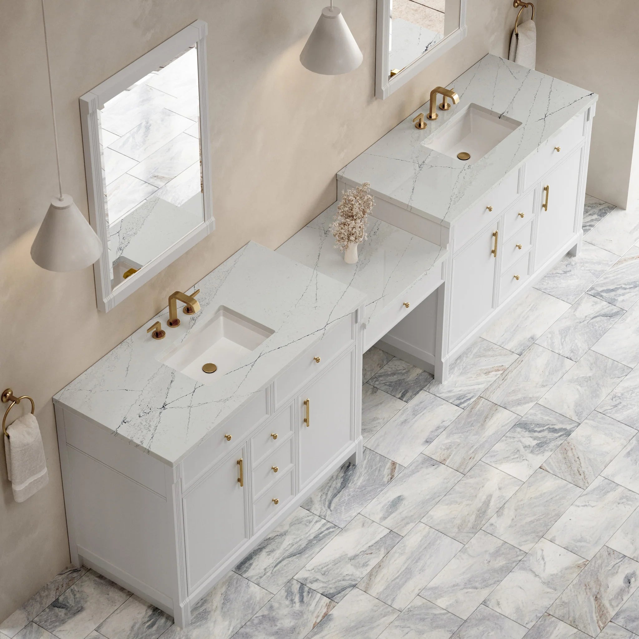 120" Bellshire Dual Vanity in Bright White with 24" Make-Up Counter by James Martin Vanities-Ethereal Noctis Silestone 3