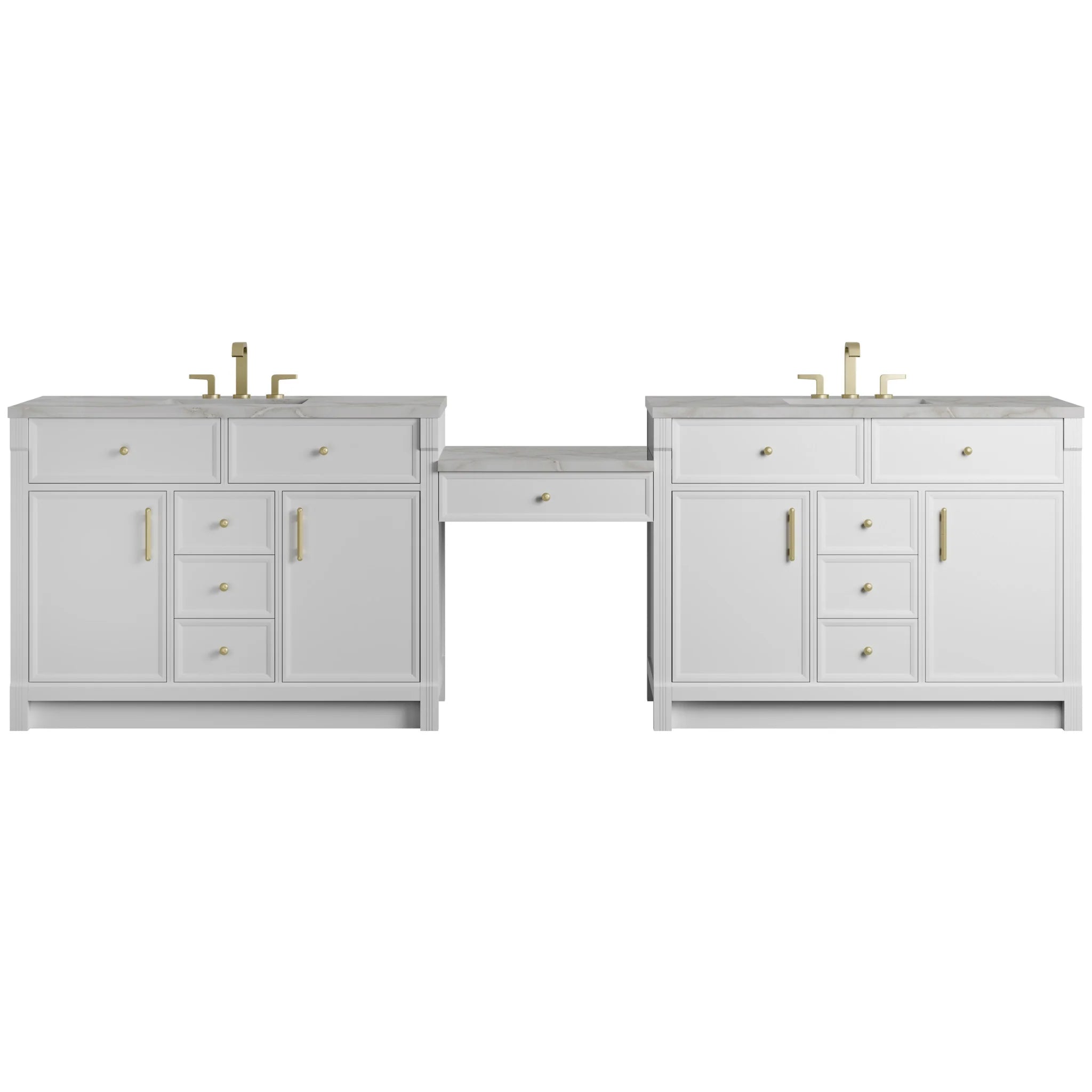 120" Bellshire Dual Vanity in Bright White with 24" Make-Up Counter by James Martin Vanities-Victorian Silver Silestone