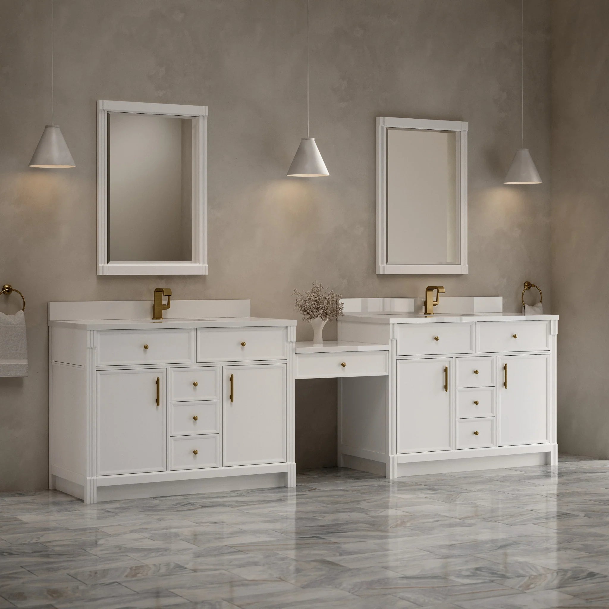 120" Bellshire Dual Vanity in Bright White with 24" Make-Up Counter by James Martin Vanities-White Zeus Silestone & Backsplash 2