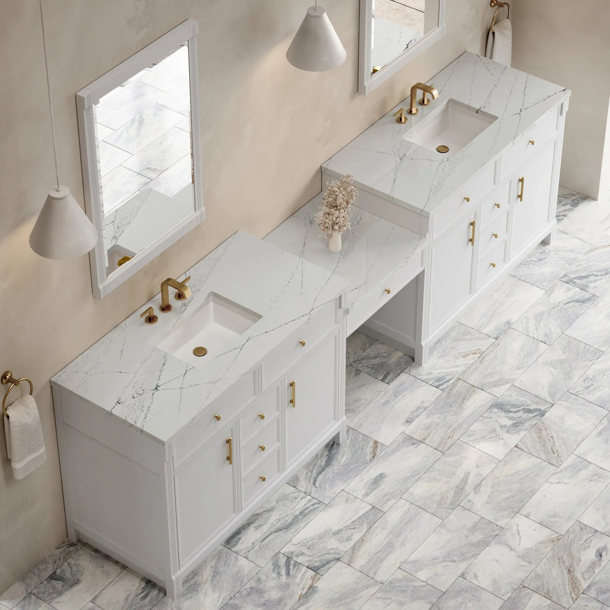 120" Bellshire Dual Vanity in Bright White with 24" Make-Up Counter w/FreePower Wireless Charger by James Martin Vanities-Ethereal Noctis Silestone 3