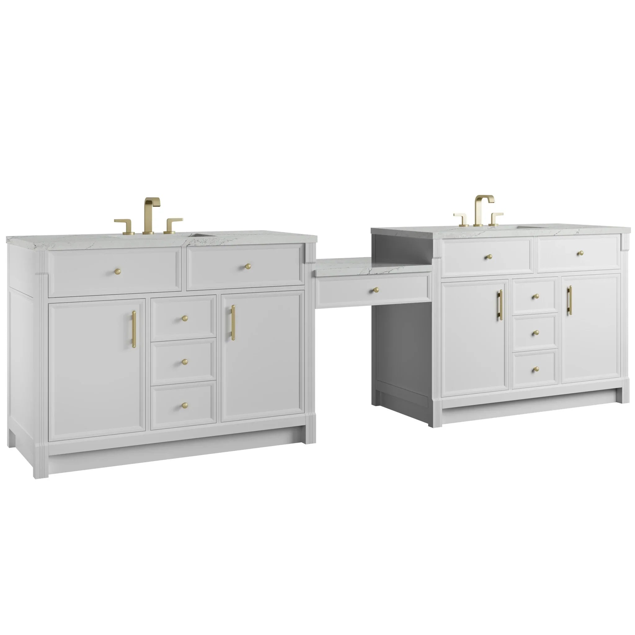 120" Bellshire Dual Vanity in Bright White with 24" Make-Up Counter w/FreePower Wireless Charger by James Martin Vanities-Ethereal Noctis Silestone 5