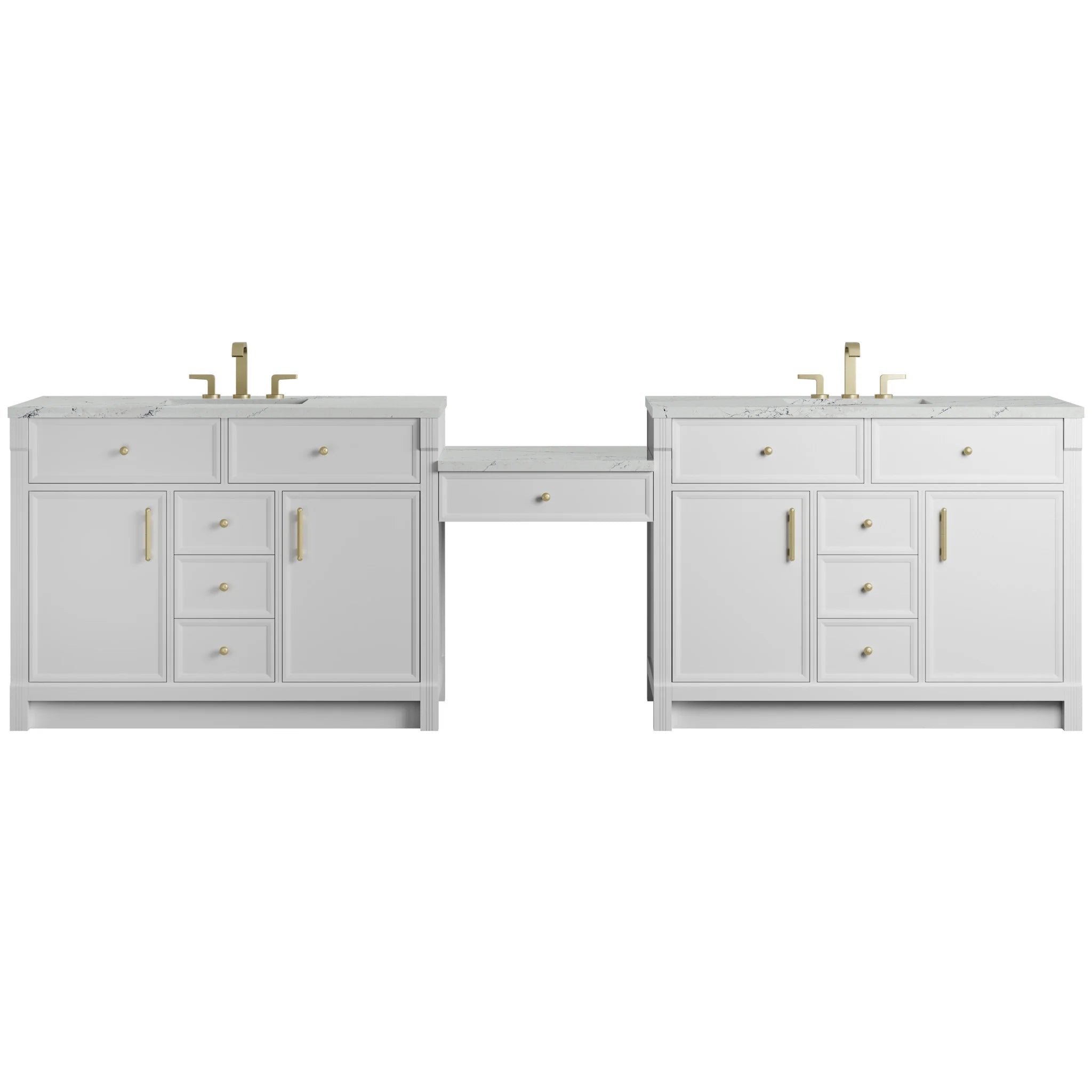 120" Bellshire Dual Vanity in Bright White with 24" Make-Up Counter w/FreePower Wireless Charger by James Martin Vanities-Ethereal Noctis Silestone