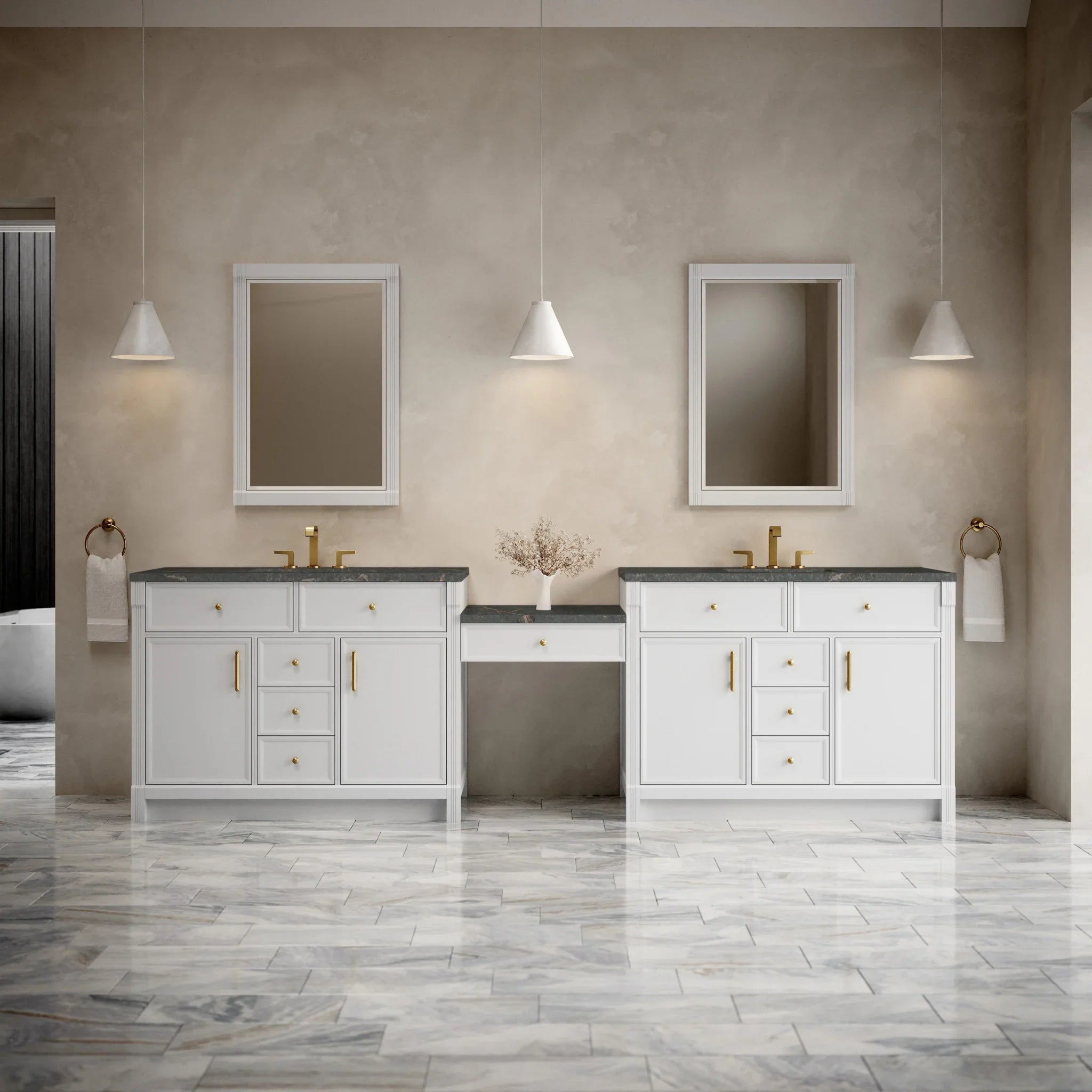 120" Bellshire Dual Vanity in Bright White with 24" Make-Up Counter w/FreePower Wireless Charger by James Martin Vanities-Parisien Bleu Silestone 1