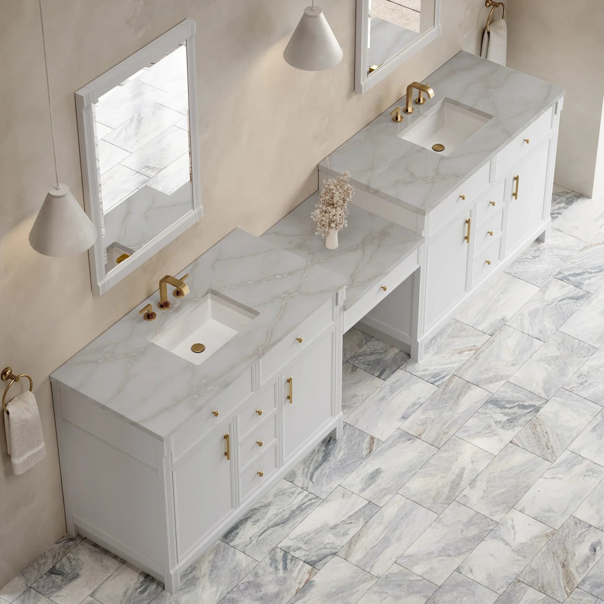 120" Bellshire Dual Vanity in Bright White with 24" Make-Up Counter w/FreePower Wireless Charger by James Martin Vanities-Victorian Silver Silestone 3