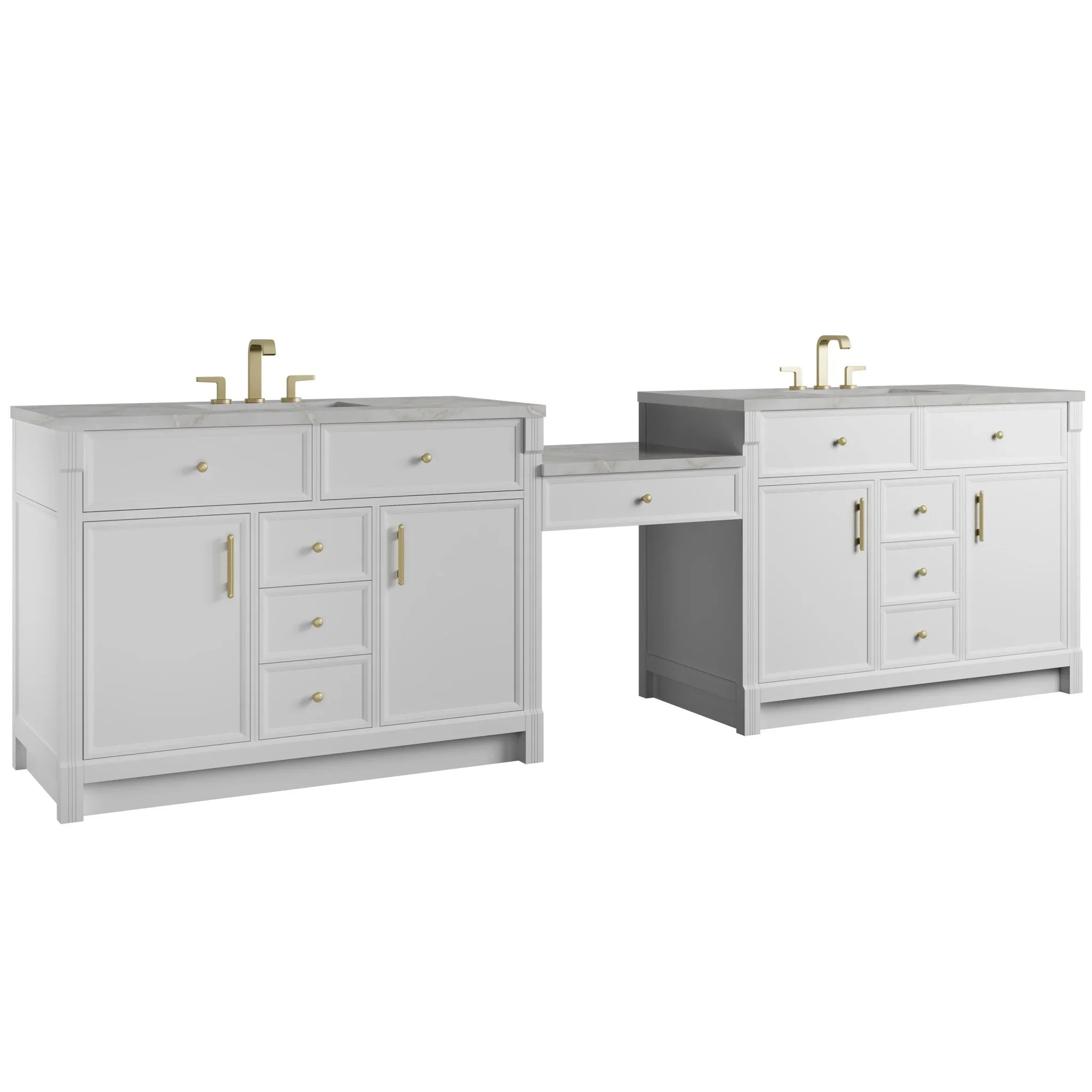 120" Bellshire Dual Vanity in Bright White with 24" Make-Up Counter w/FreePower Wireless Charger by James Martin Vanities-Victorian Silver Silestone 5