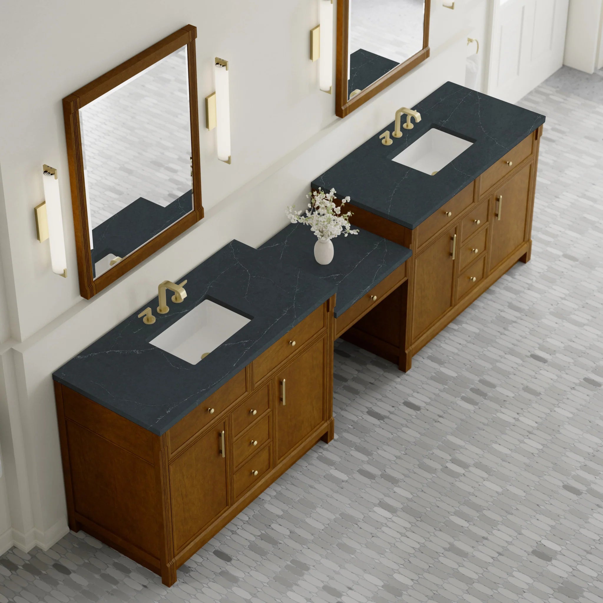 120" Bellshire Dual Vanity in Honey Oak with 24" Make-Up Counter by James Martin Vanities-Charcoal Soapstone Silestone 3