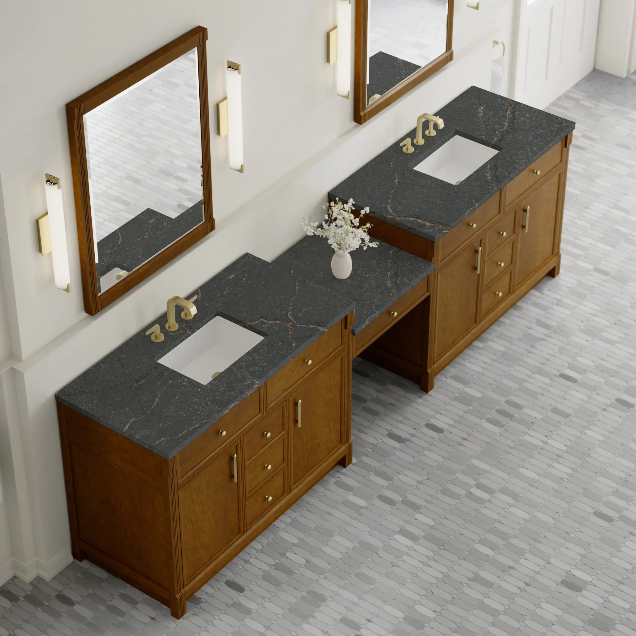 120" Bellshire Dual Vanity in Honey Oak with 24" Make-Up Counter by James Martin Vanities-Parisien Bleu Silestone 3