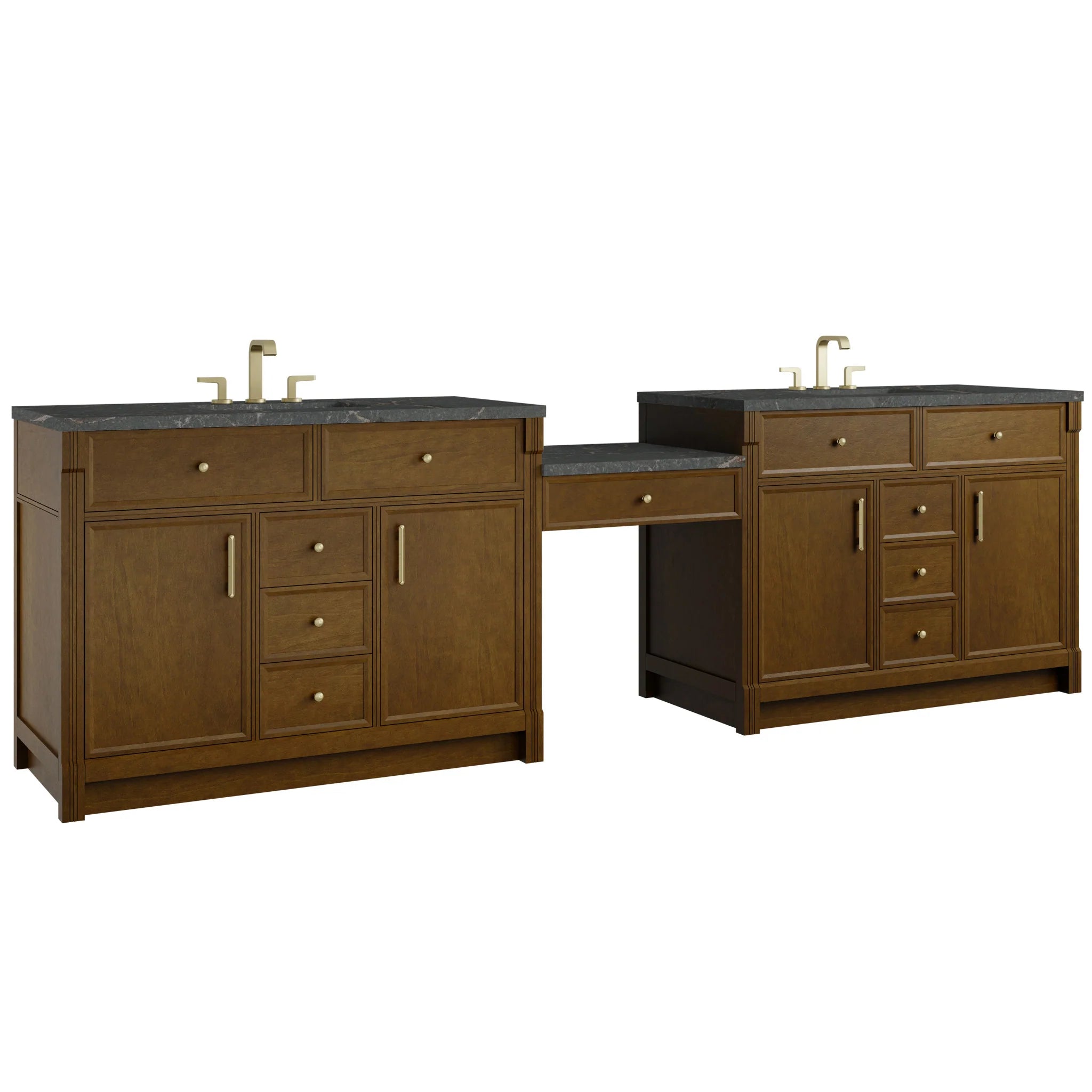 120" Bellshire Dual Vanity in Honey Oak with 24" Make-Up Counter by James Martin Vanities-Parisien Bleu Silestone 4