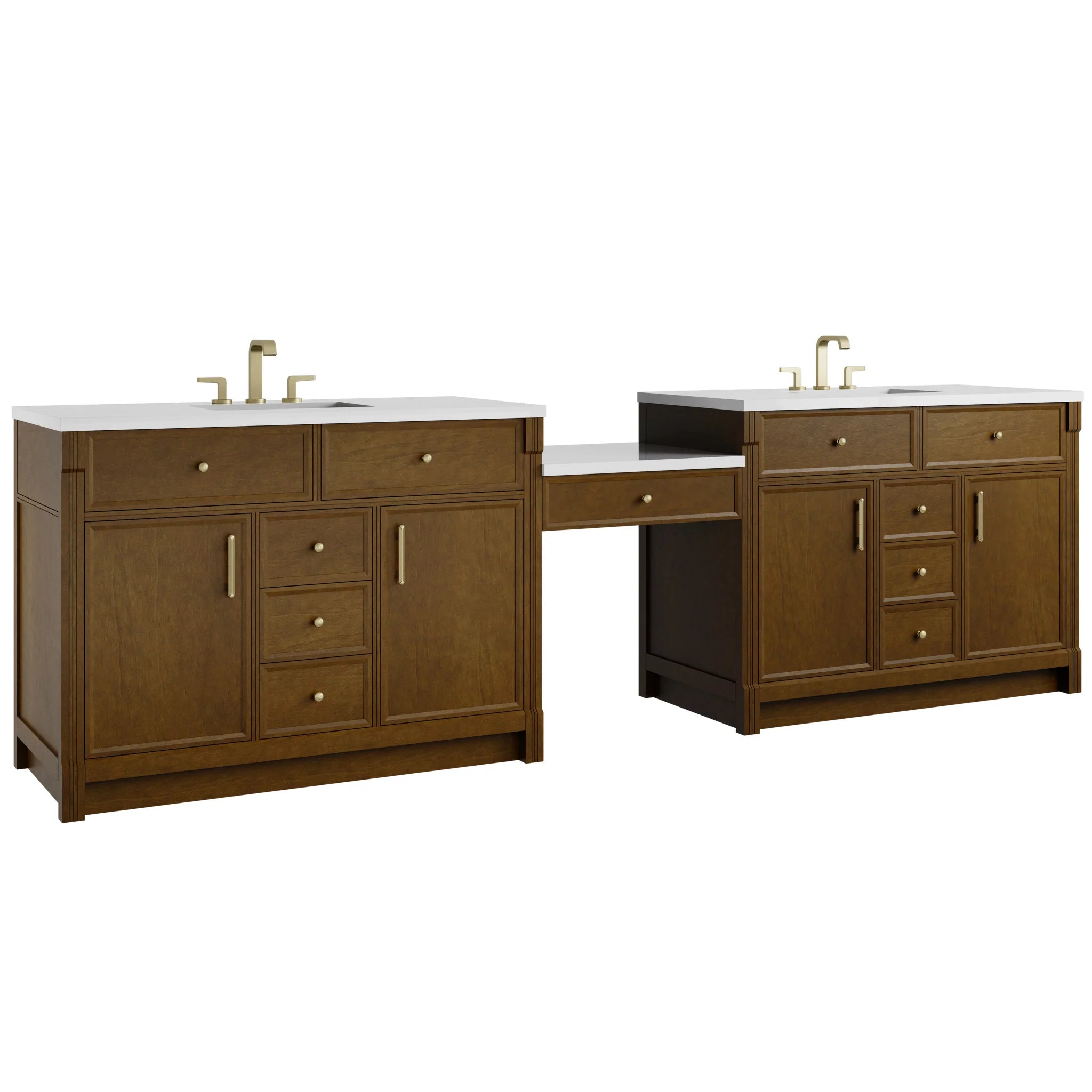 120" Bellshire Dual Vanity in Honey Oak with 24" Make-Up Counter by James Martin Vanities-White Zeus Silestone 4