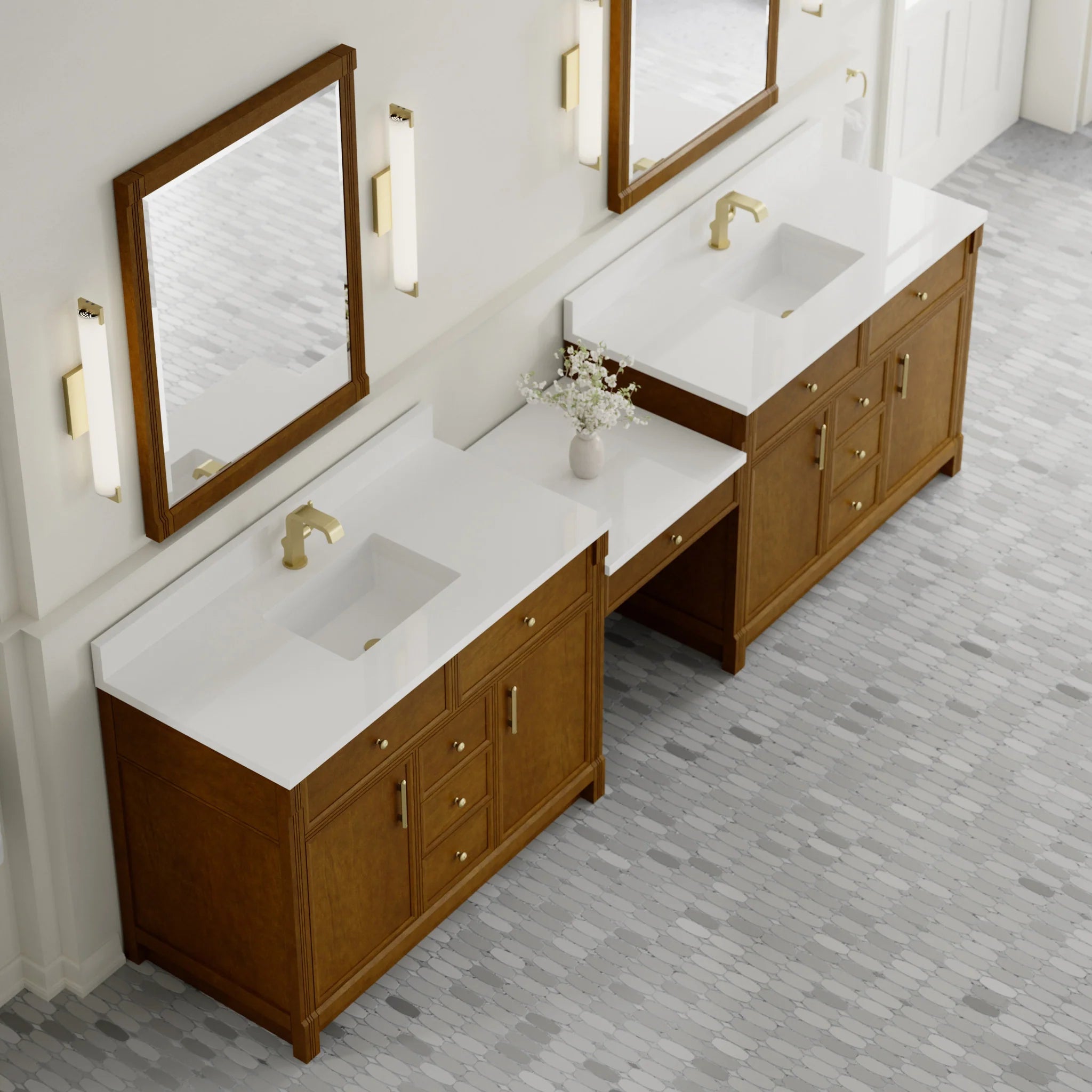 120" Bellshire Dual Vanity in Honey Oak with 24" Make-Up Counter by James Martin Vanities-White Zeus Silestone & Backsplash 4