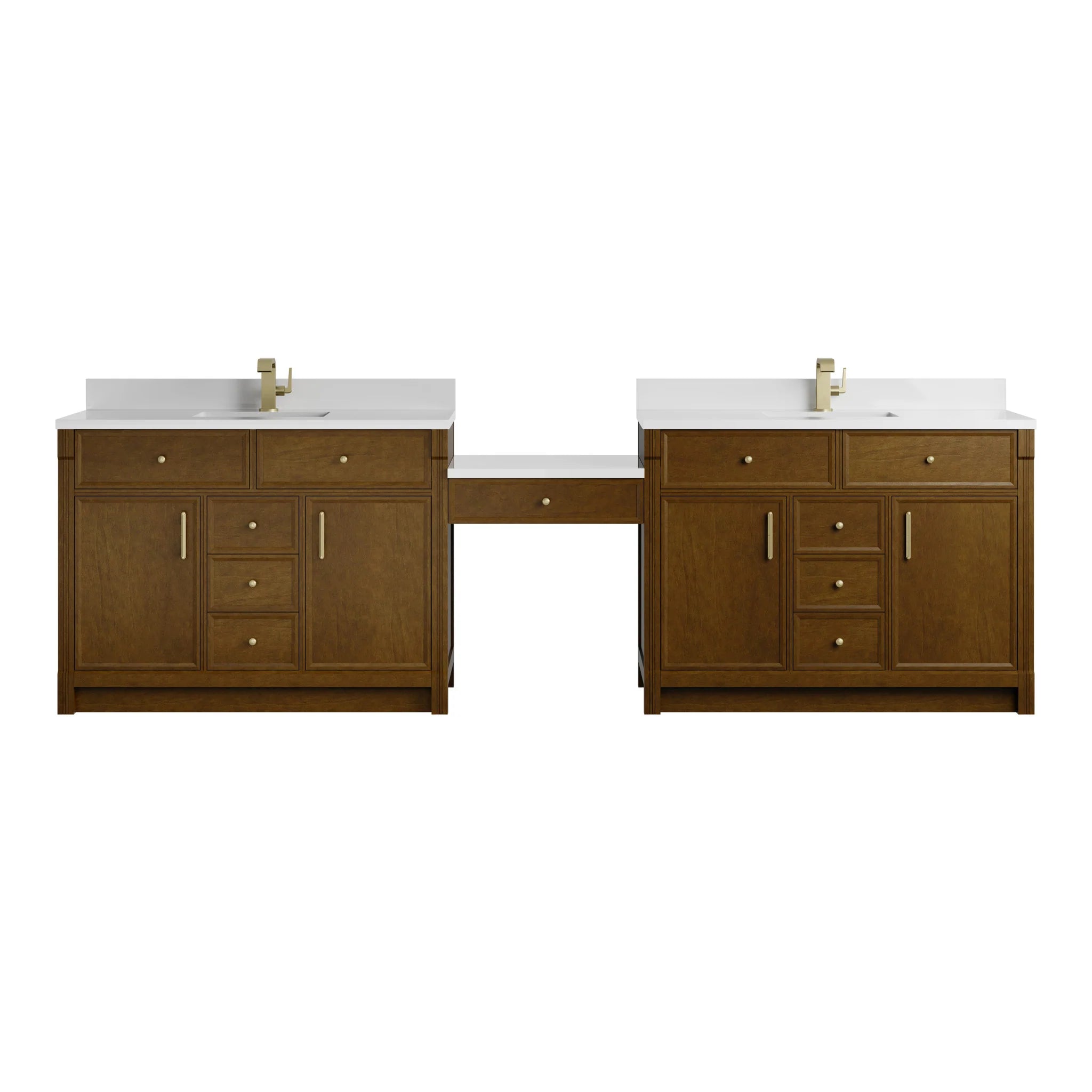 120" Bellshire Dual Vanity in Honey Oak with 24" Make-Up Counter by James Martin Vanities-White Zeus Silestone & Backsplash