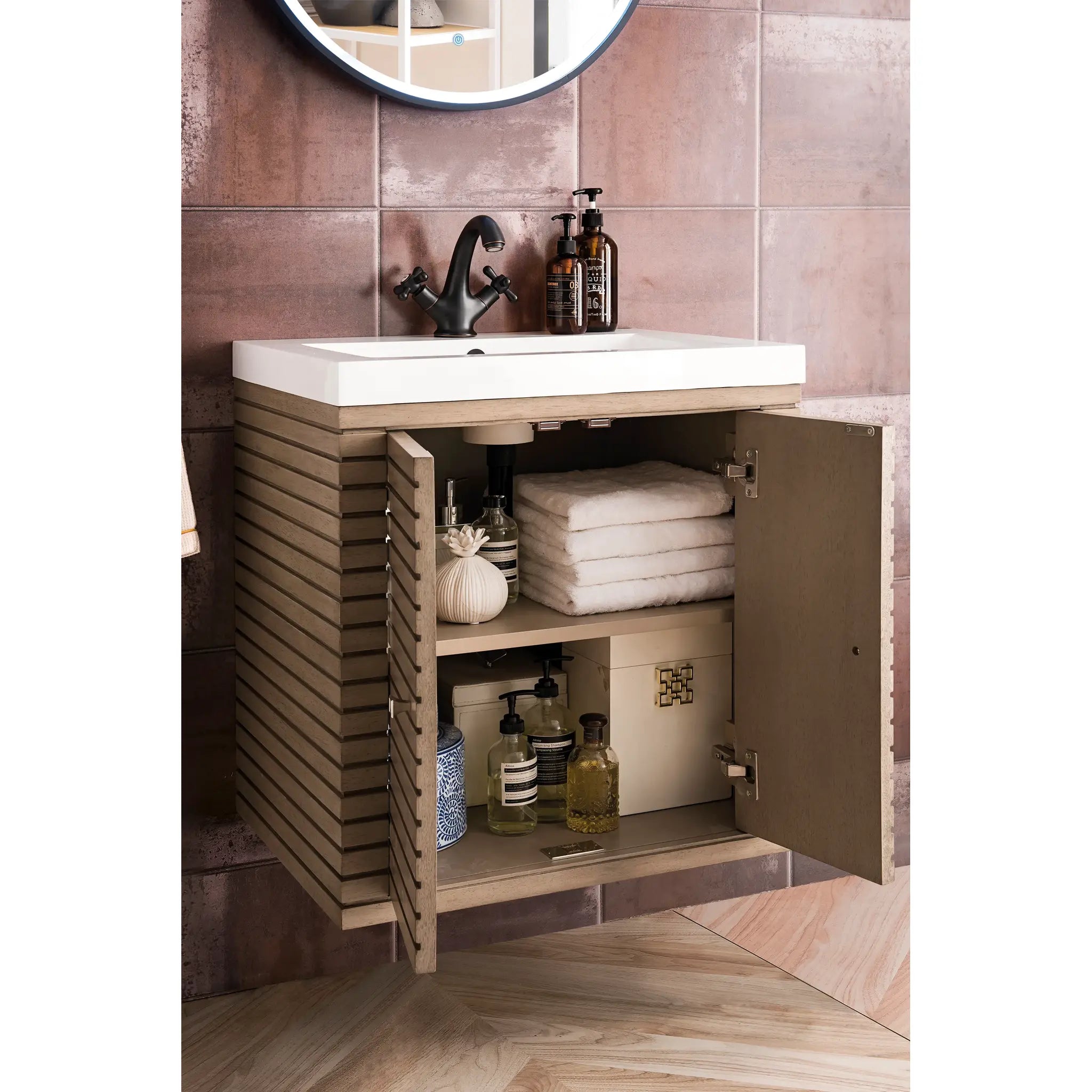 24" Linden Single Vanity in Whitewashed Walnut-White Glossy image 5