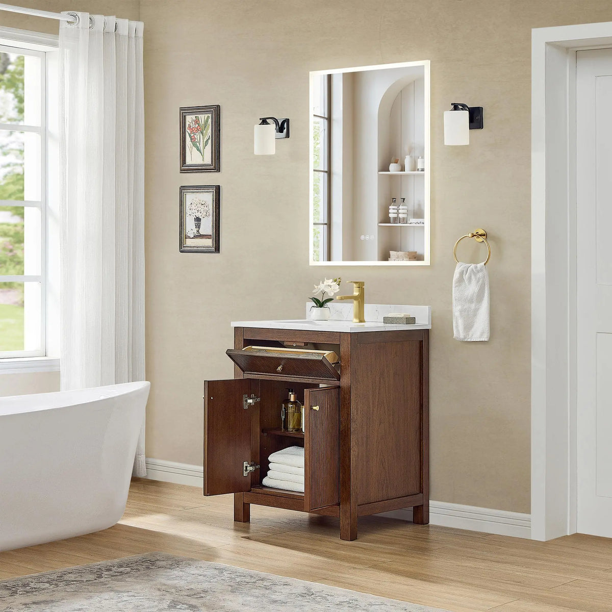 24" Pendry Single Bathroom Vanity Dark Walnut Brushed Gold Trim by wyndham View 12