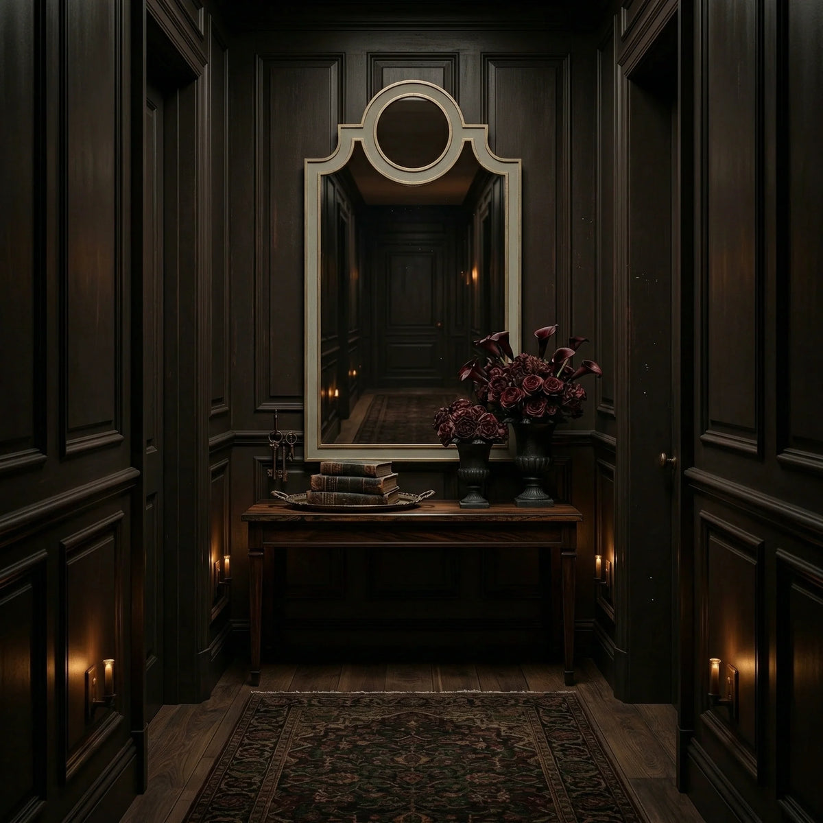 26 Chateau Mirror by Ambella Home, antique silver leaf wall mirror with a sculptural round crown detail, styled over a wood console table in a sophisticated dark hallway with layered ambient lighting