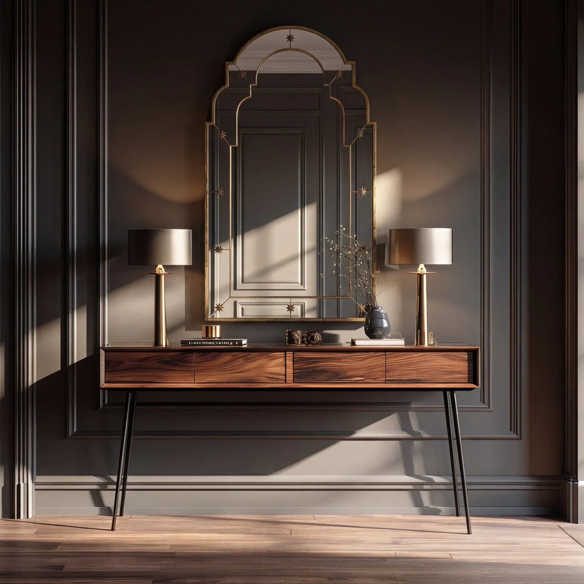 A sophisticated interior scene featuring a dark grey paneled wall with a mid-century modern wooden console table as the centerpiece. Centered above the console is a tall, elegant mirror with an arched top and gold trim, reflecting a bright, sunlit room. On the console, two matching gold table lamps with metallic shades flank a small dark vase, while natural sunlight creates dramatic shadows across the wall and the light wood flooring.