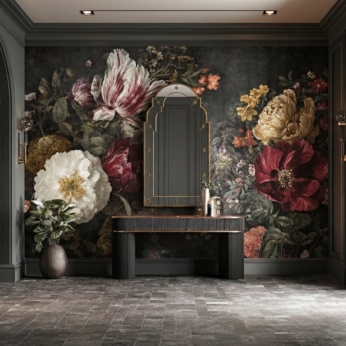 large gold mirror on a decorative floral mural in a room with arched doorways and large windows.