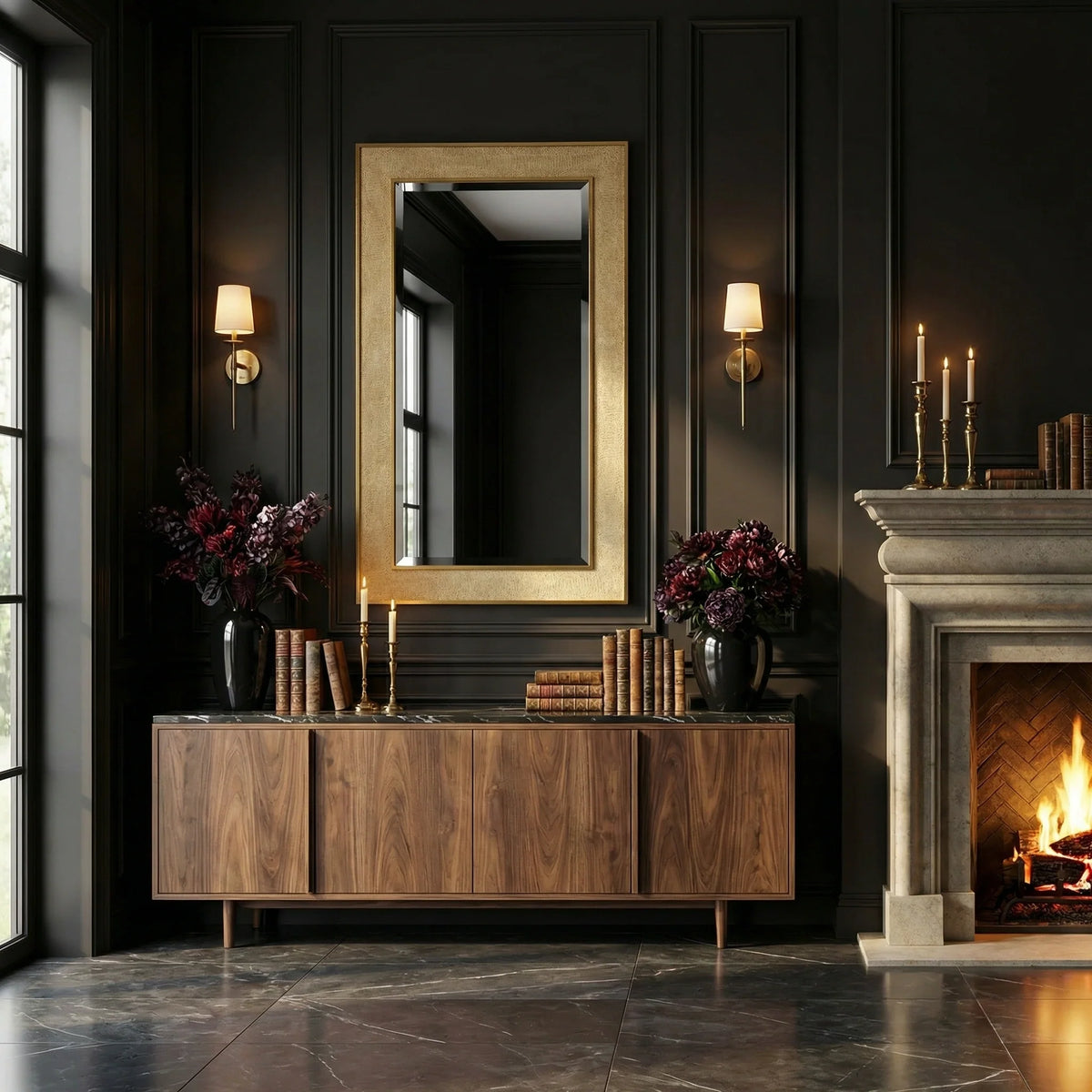 Ambella Home Collins wall mirror with beveled glass, faux crocodile texture frame and brass edge, styled vertically over a walnut sideboard in a dark modern room.