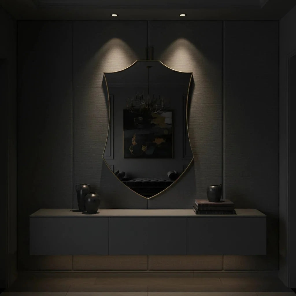 Modern interior design with a mirror and decorative items in a dimly lit room.