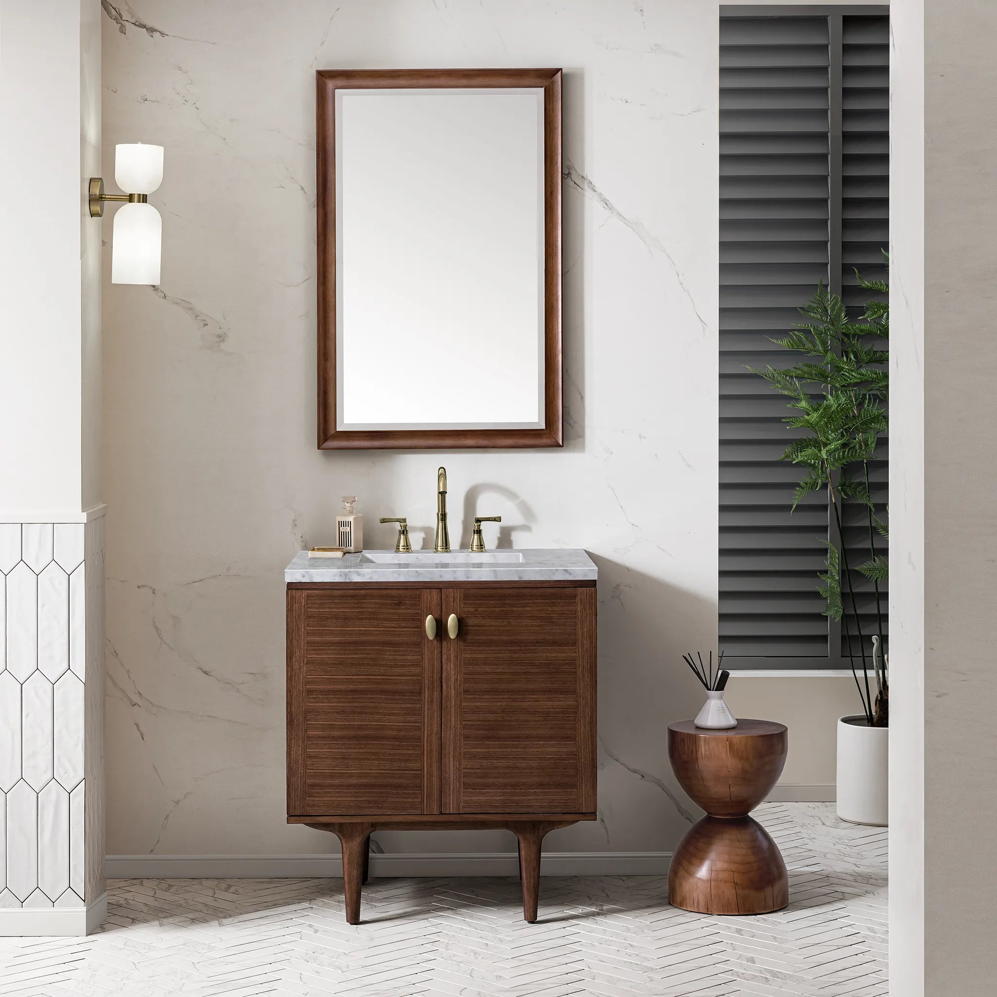 30" Amberly Single Vanity in Mid-Century Walnut-Carrara White Marble-8" Widespread image 2