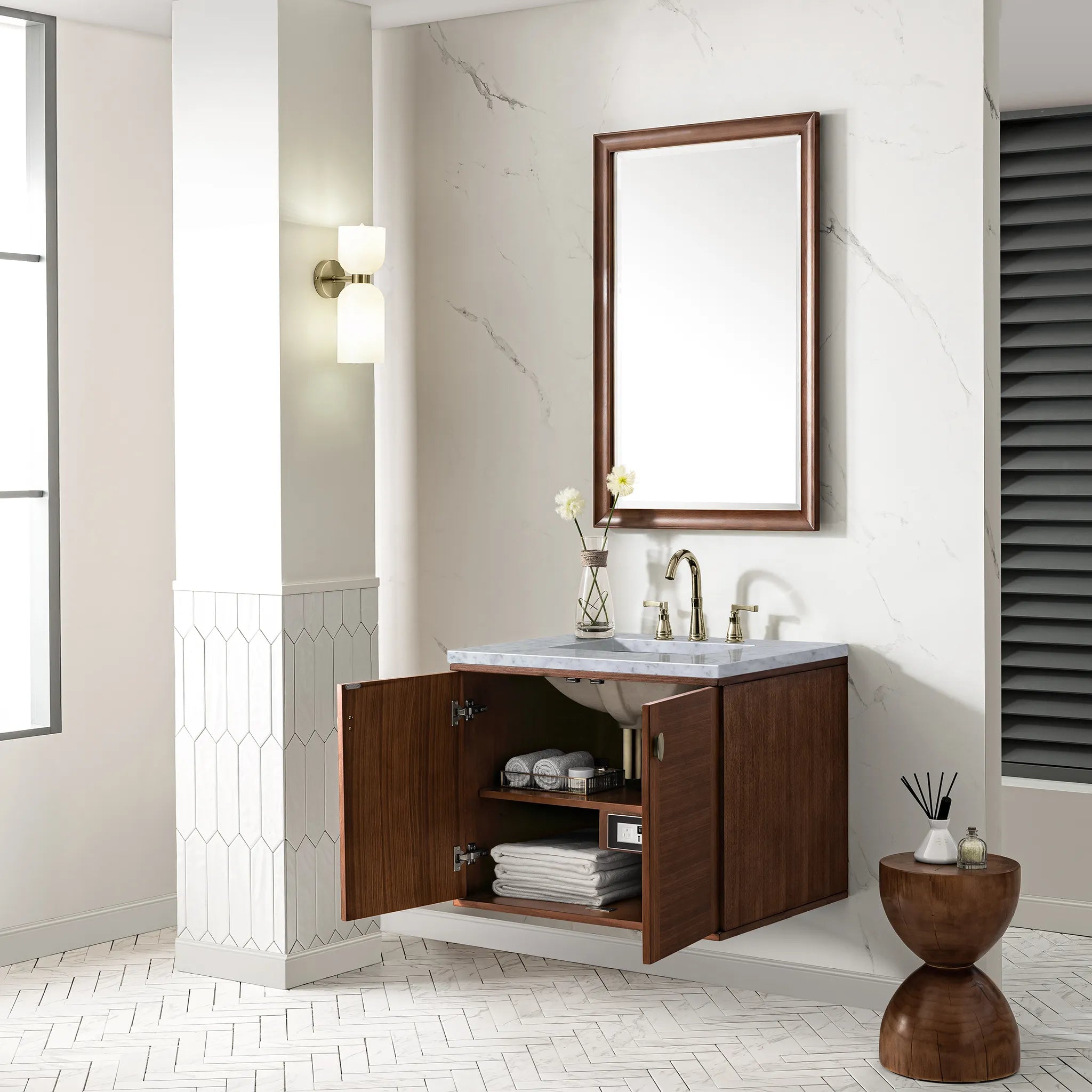30" Amberly Single Vanity in Mid-Century Walnut-Carrara White Marble-8" Widespread image 7