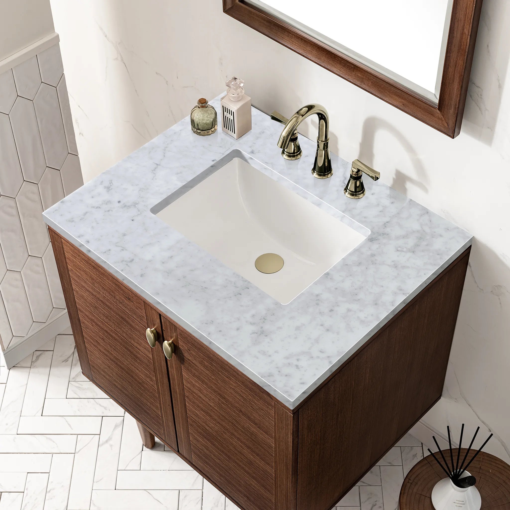 30" Amberly Single Vanity in Mid-Century Walnut-Carrara White Marble-8" Widespread image 8