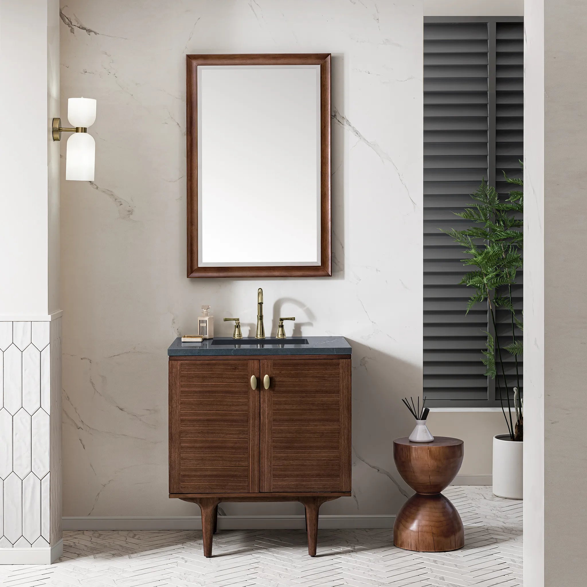 30" Amberly Single Vanity in Mid-Century Walnut-Charcoal Soapstone Silestone-8" Widespread image 2