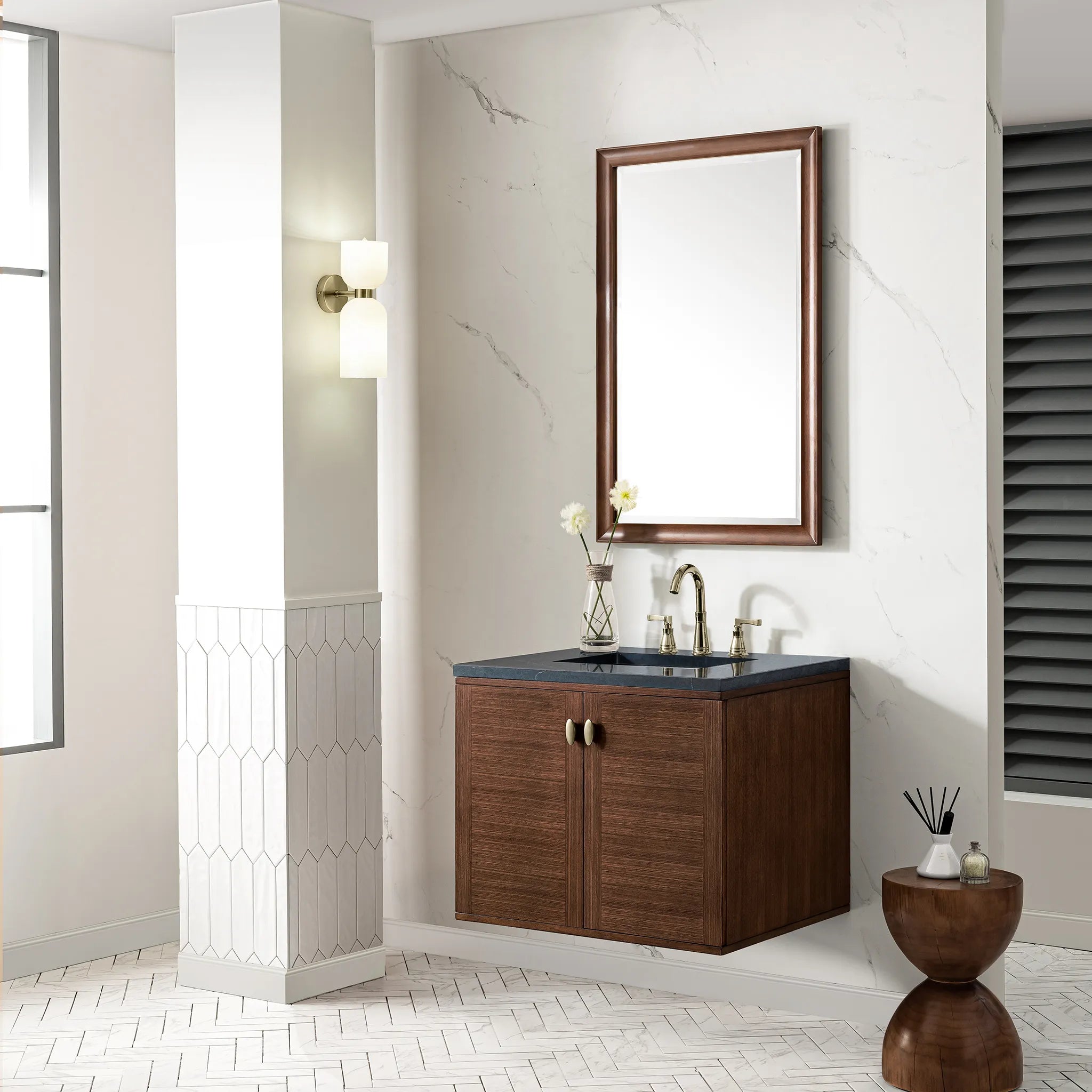 30" Amberly Single Vanity in Mid-Century Walnut-Charcoal Soapstone Silestone-8" Widespread image 5