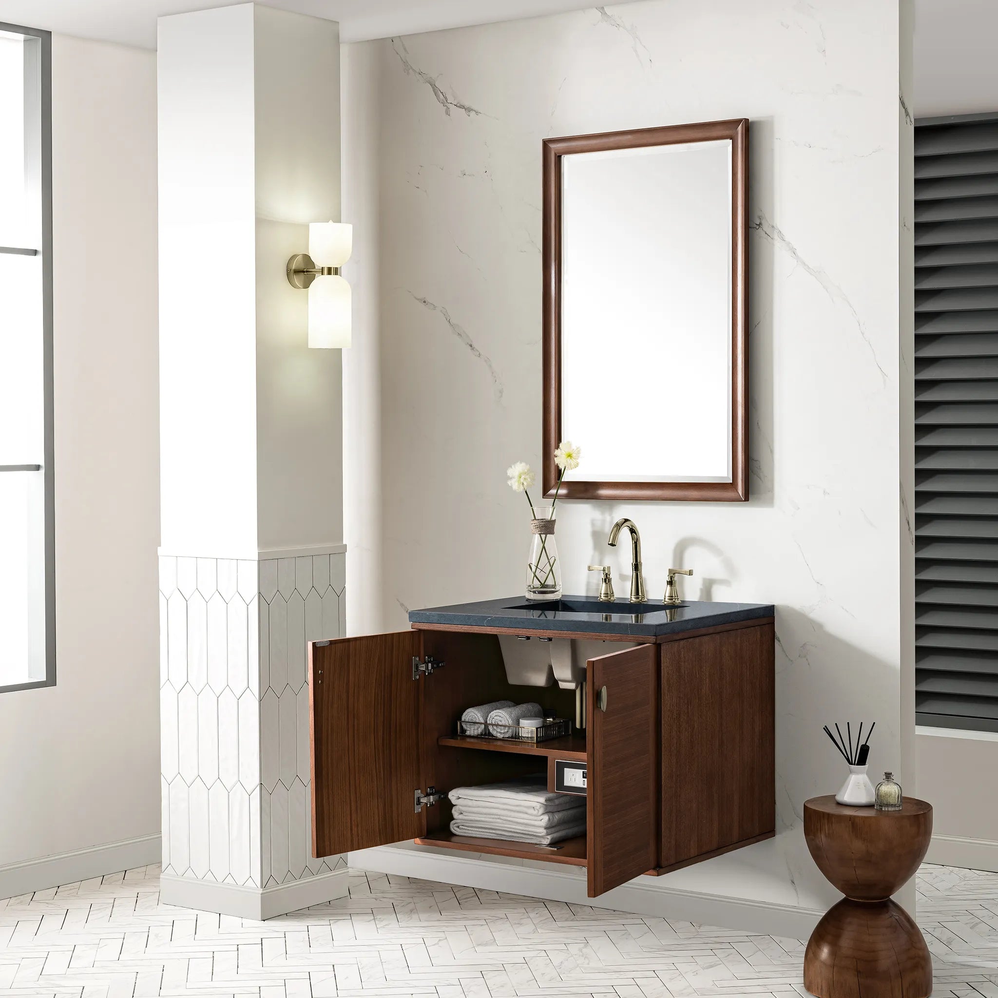 30" Amberly Single Vanity in Mid-Century Walnut-Charcoal Soapstone Silestone-8" Widespread image 7