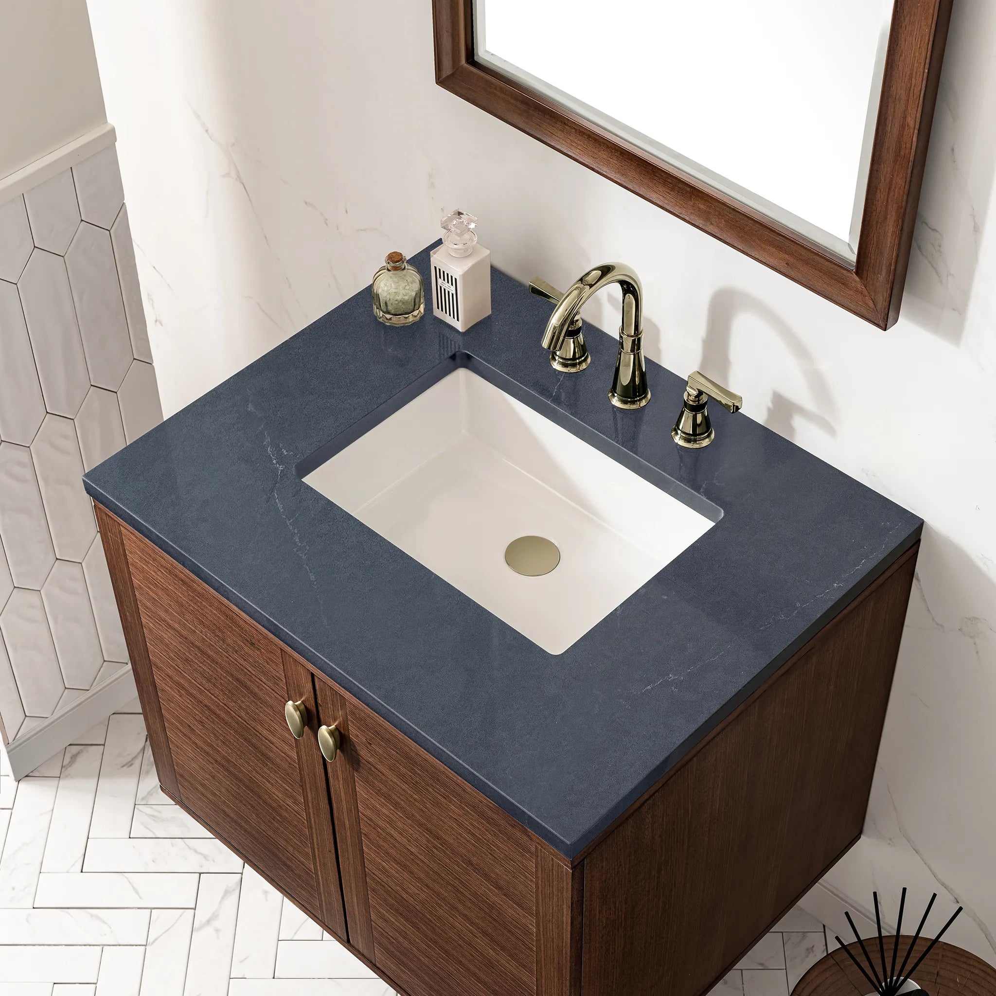30" Amberly Single Vanity in Mid-Century Walnut-Charcoal Soapstone Silestone-8" Widespread image 9