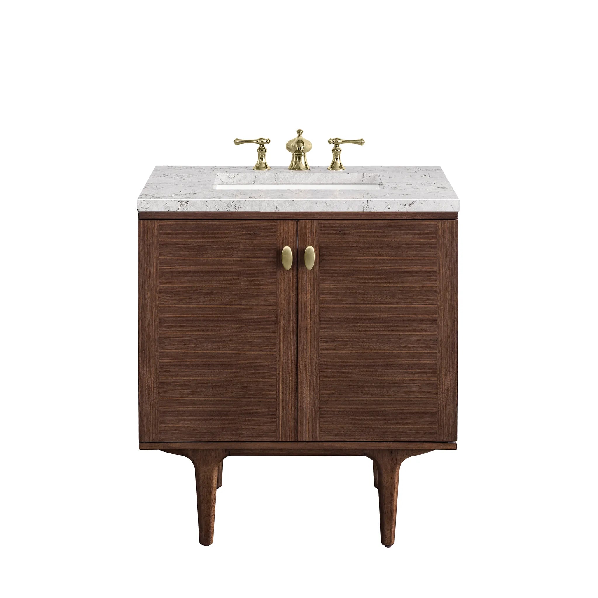 30" Amberly Single Vanity in Mid-Century Walnut-Eternal Jasmine Pearl Silestone-8" Widespread image