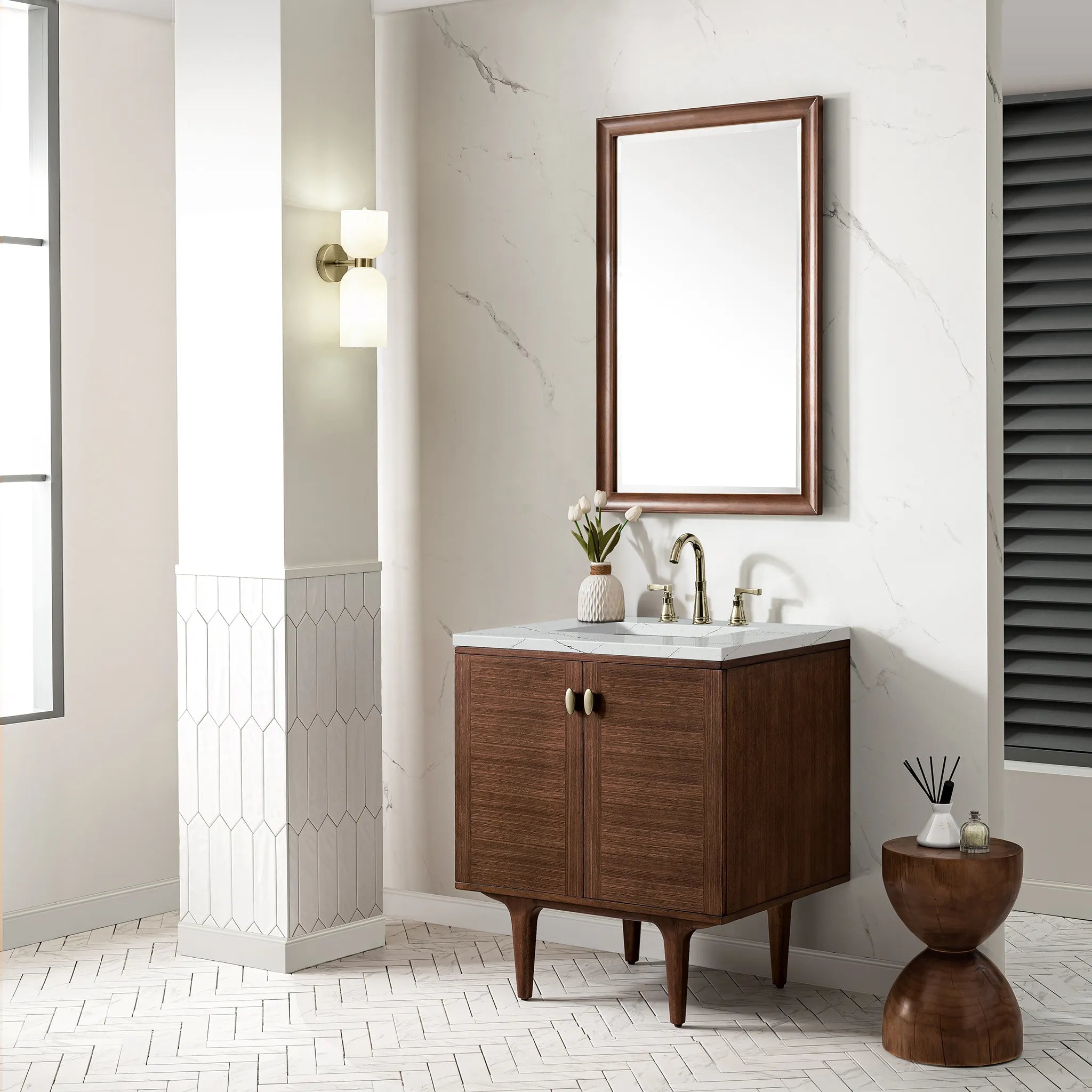 30" Amberly Single Vanity in Mid-Century Walnut-Ethereal Noctis Silestone-8" Widespread image 4