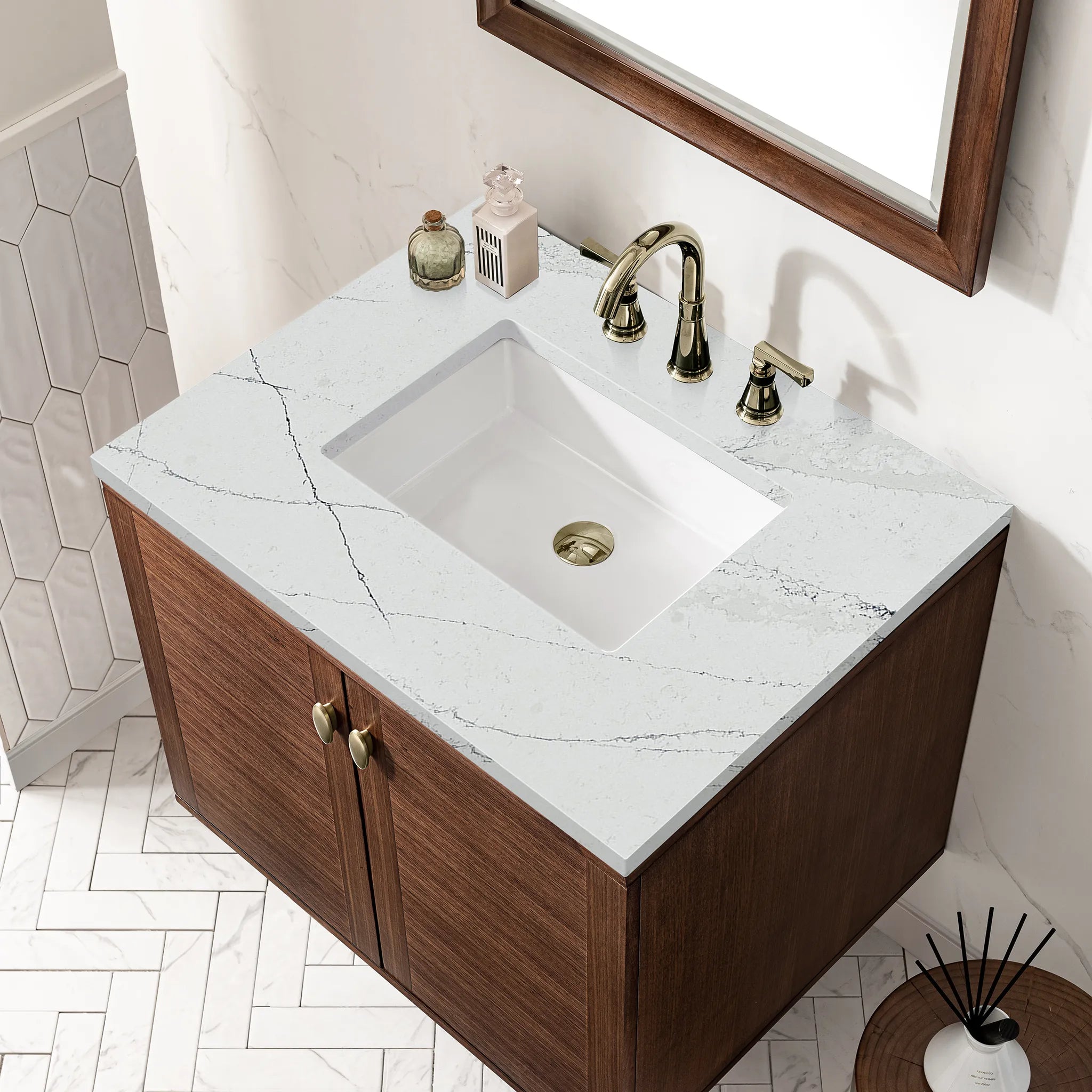 30" Amberly Single Vanity in Mid-Century Walnut-Ethereal Noctis Silestone-8" Widespread image 9