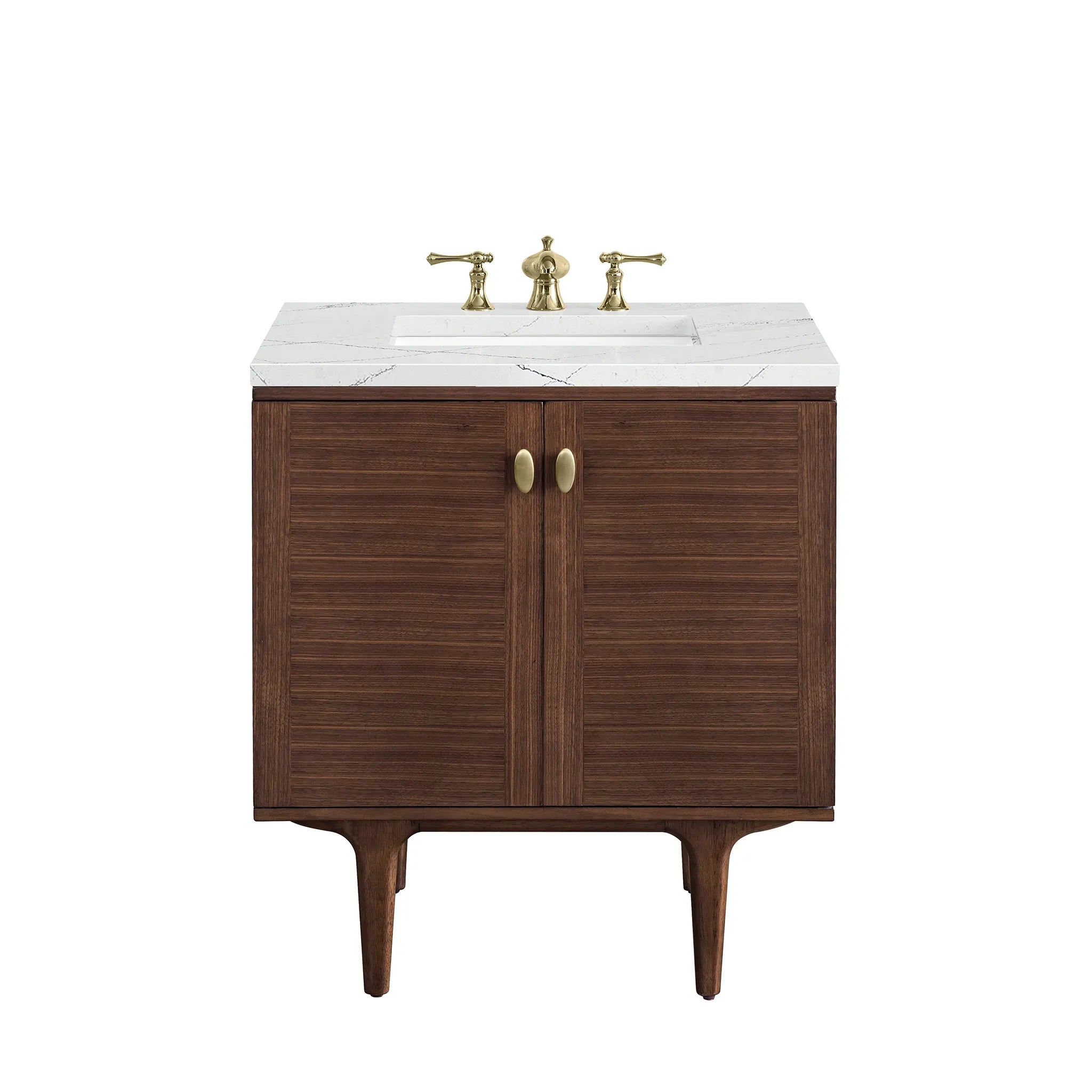 30" Amberly Single Vanity in Mid-Century Walnut-Ethereal Noctis Silestone-8" Widespread image