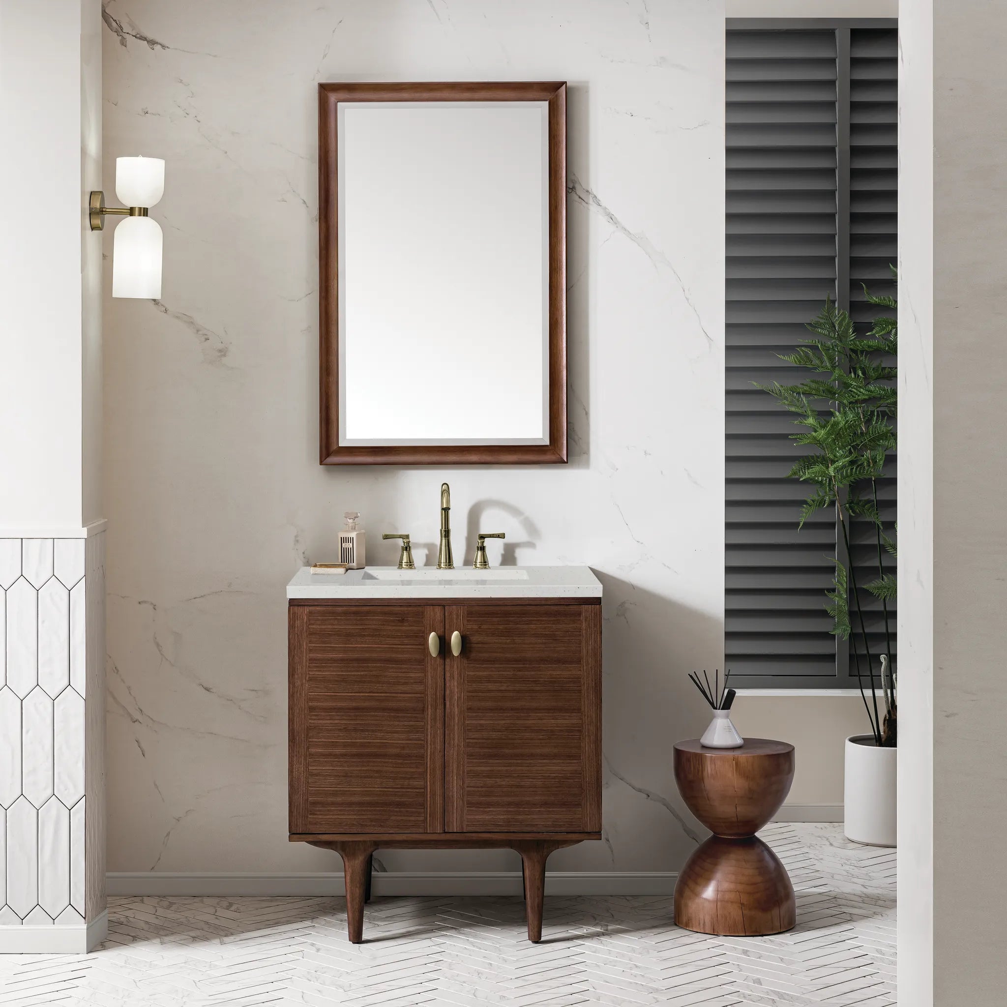30" Amberly Single Vanity in Mid-Century Walnut-Lime Delight Silestone-8" Widespread image 2
