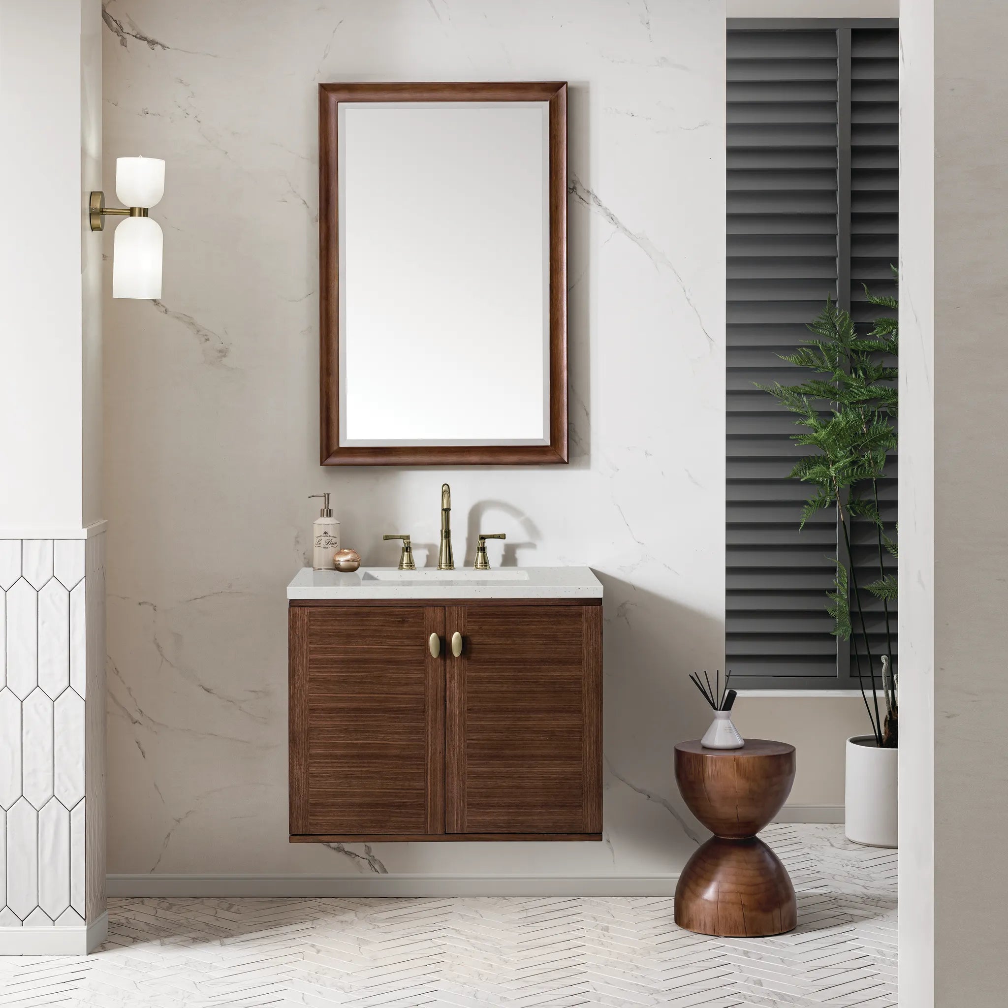 30" Amberly Single Vanity in Mid-Century Walnut-Lime Delight Silestone-8" Widespread image 3