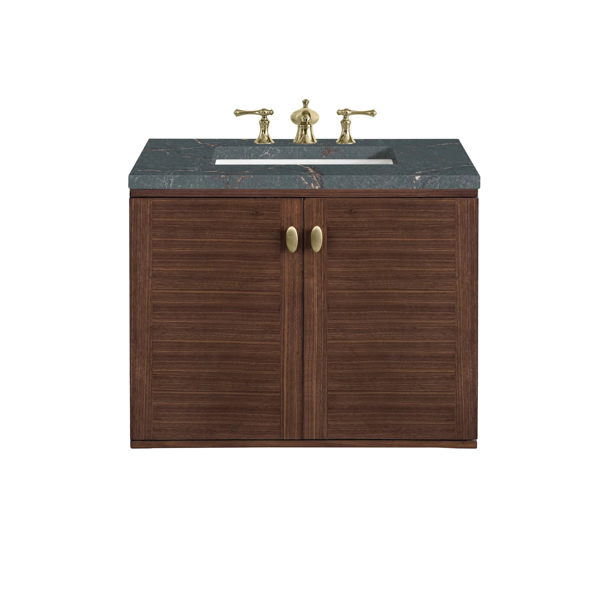 30" Amberly Single Vanity in Mid-Century Walnut-Parisien Bleu Silestone-8" Widespread image 1